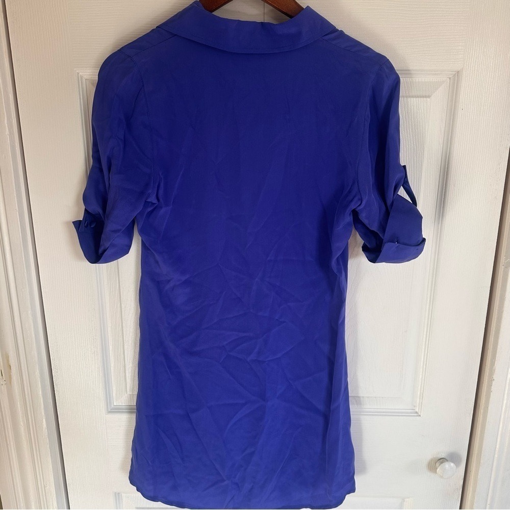 Jenny Han Royal Blue 100% Silk Roll Tab Sleeve Tunic Blouse Small Natural Fiber - Picture 7 of 10